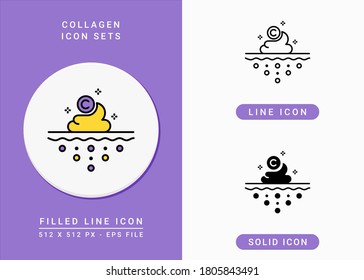 Collagen icons set vector illustration with solid icon line style. Skin cream care concept. Editable stroke icon on isolated background for web design, infographic and UI mobile app.