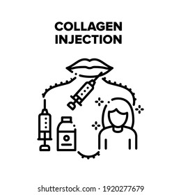 Collagen Injection For Beauty Vector Icon Concept. Syringe And Vaccine Bottle For Receiving Hyaluronic Acid Collagen Injection Woman Lips Or Face. Spa Salon Treatment Black Illustration