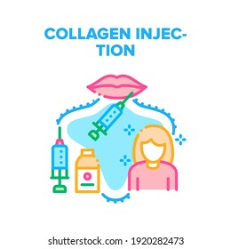 Collagen Injection For Beauty Vector Icon Concept. Syringe And Vaccine Bottle For Receiving Hyaluronic Acid Collagen Injection Woman Lips Or Face. Spa Salon Treatment Color Illustration