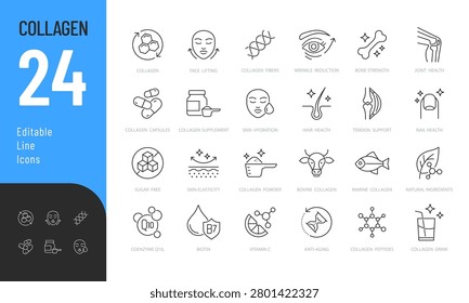 Collagen Line Editable and Solid Icons set. Vector illustration in a modern thin line style of beauty related icons: collagen components, its effect on the body, sources of origin, and more. Isolated on transparent background.