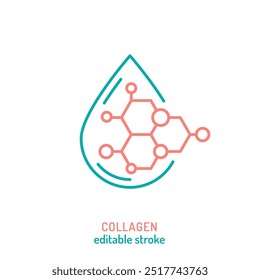 Collagen line icon. Connective tissue protein pictogram. Elastin production sign. Editable stroke. Medical symbol in outline style. Wellness concept. Vector illustration isolated on a white background