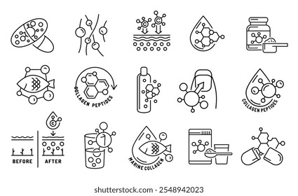 Conjunto de ícones de linha de colágeno. Pictograma da proteína do tecido conjuntivo. Sinal de produção de Elastin. Traçado editável. Símbolos médicos na cor preta. Conceito de bem-estar. Ilustração vetorial sobre fundo branco
