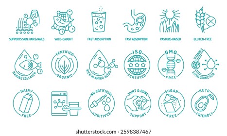 Collagen line icon set. Connective tissue protein pictogram. Elastin production sign. Editable stroke. Medical symbols in black color. Wellness concept. Vector illustration on a white background