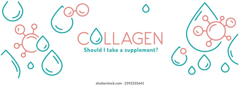 Collagen line web banner. Connective tissue protein. Elastin production image. Editable stroke. Medical  backdrop in outline style. Wellness concept. Vector illustration isolated on a white background