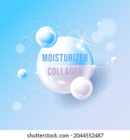 Collagen and moisturizer, moisturizing serum solution. Hyaluronic acid skin care for ad. Shining pill capsule icon. Substance For Beauty, Cosmetic, Heath Promo Ads Design. 3D vector background