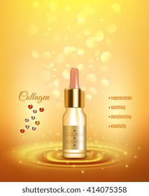 Collagen moisturizing solution pipette bottle for strong nails and smooth skin golden background advertisement poster vector illustration