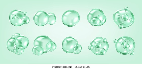 Collagen molecules bouncing inside transparent bubbles realistic color icons set. Skincare scientific 3d objects bundle on green background