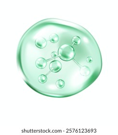Collagen molecules floating in green transparent bubble realistic vector illustration. Skincare and beauty products 3d object on white