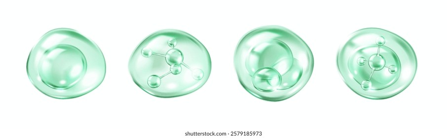 Collagen molecules floating inside green transparent bubbles realistic color icons set. Skincare science 3d objects bundle on white background