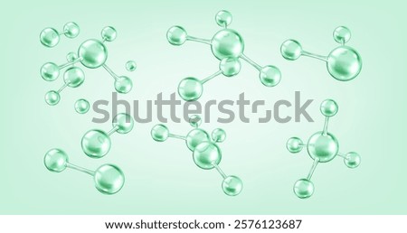 Collagen molecules floating realistic color icons set. Protein dynamics in scientific research and cosmetics 3d objects bundle on green