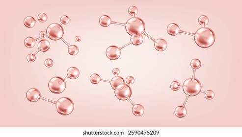 Collagen molecules with glossy effect realistic color icons set. Scientific elegant composition for beauty 3d objects bundle on pink