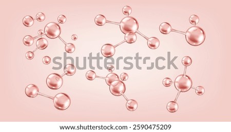 Collagen molecules with glossy effect realistic color icons set. Scientific elegant composition for beauty 3d objects bundle on pink