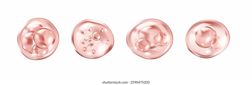 Collagen molecules inside pink bubbles realistic color icons set. Anti-aging serum gel texture 3d objects bundle on white background