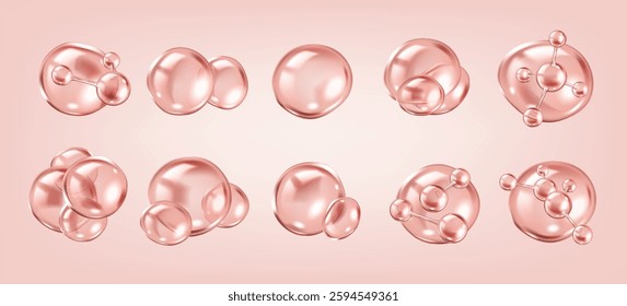 Collagen molecules inside pink bubbles realistic color icons set. Skincare beauty products and treatments 3d objects bundle on pink