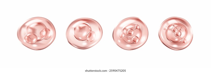 Collagen molecules within pink bubbles realistic color icons set. Professional skincare treatment 3d objects bundle on white background