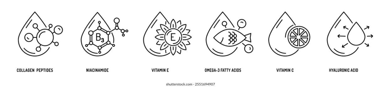 Collagen, niacinamide, vitamin E and C, omega-3 fatty acids and hyaluronic acid line icons. Editable stroke. Black medical symbols in outline style. Vector illustration isolated on a white background