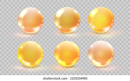 Collagen oil balls. 3d golden bubble cosmetic capsul glass sphere liquid serum, essence drop hair, droplet organic transparent pills olive fish gel, pearl ball, tidy vector illustration