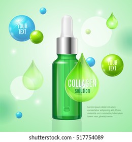 Collagen Package Card with Place for Your Text Dropper Bottle. Vector illustration of Anti age Cosmetic protection solution design. Skin Care concept.