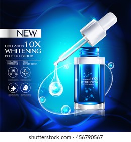 Collagen Perfect Serum and Vitamin Vector for Skin Care Cosmetic Background.