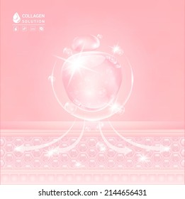 Collagen pink drop water,  Hyaluronic acid. Vitamin solution complex with Chemical formula from nature. Beauty treatment nutrition skin care design. Medical and scientific concepts. Vector EPS10.