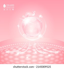 Collagen pink drop water,  Hyaluronic acid. Vitamin solution complex with Chemical formula from nature. Beauty treatment nutrition skin care design. Medical and scientific concepts. Vector EPS10.