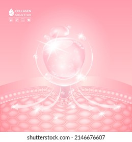 Collagen pink drop water,  Hyaluronic acid. Vitamin solution complex with Chemical formula from nature. Beauty treatment nutrition skin care design. Medical and scientific concepts. Vector EPS10.