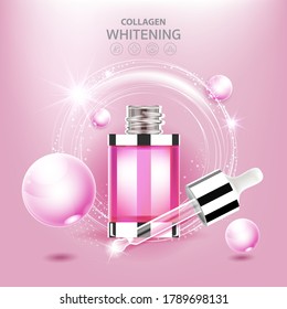 Collagen Pink Serum and Vitamin Background Concept Skin Care Cosmetic.