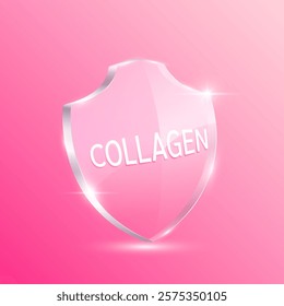 Collagen pink translucent glass shield modern. For design cosmetics products. Vitamins complex from nature. Medical health care skin protection. 3D Vector EPS10.