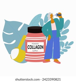 Collagen powder or power.  Old lady is drinking collagen.Natural beauty and health supplement for skin, bones, joints and gut. Plant or fish based. Big can of collagen and tiny people.