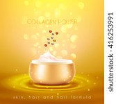 Collagen power moisturizing face skin cream with anti-aging effect advertisement with golden background poster vector illustration 