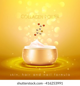 Collagen power moisturizing face skin cream with anti-aging effect advertisement with golden background poster vector illustration 