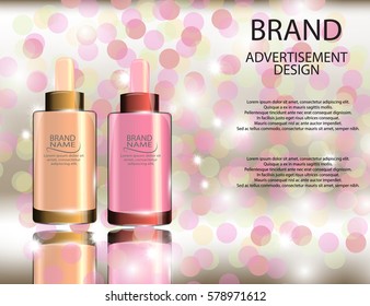 Collagen Premium Serum container template, glossy bottles on the sparkling effects background. Mockup 3D Realistic Vector illustration for design, template