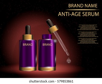 Collagen Premium Serum container  template with dropper, glossy bottles on the sparkling effects background. Mockup 3D Realistic Vector illustration for design, template