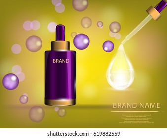 Collagen Premium Serum container  template with dropper, glossy bottle on the sparkling effects background. Mock-up 3D Realistic Vector illustration for design, template