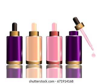 Collagen Premium Serum containers  template with dropper, glossy bottles isolated on shite background. Mockup 3D Realistic Vector illustration for design, template