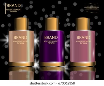Collagen Premium Serum containers template, glossy bottles on the sparkling effects background. Mock-up 3D Realistic Vector illustration for design, template