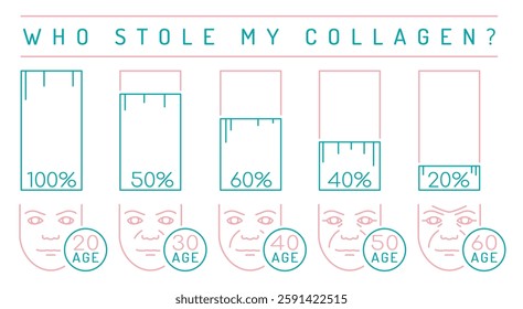 Collagen production in women based on age. Medical, healthcare infographics. Important information. Menopause problem. Editable vector illustration isolated on a white background. Horizontal banner