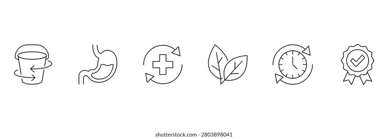 Collagen properties line icon set including bio availability stomach digestion medical cross leaf clock premium.