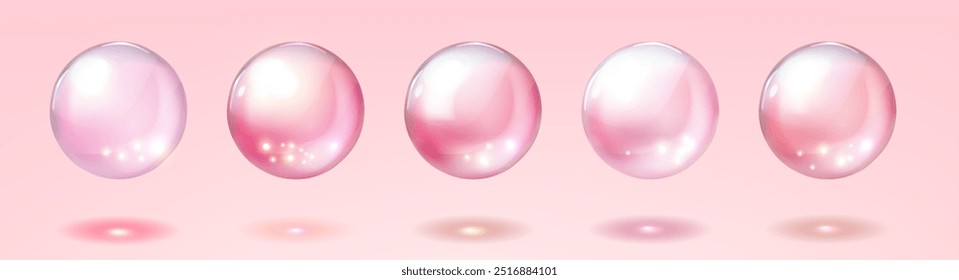 Colágeno realista esferas de color rosa translúcido aislado sobre fondo rosa. Gotas de esencia de humedad antienvejecimiento 3D. Vitamina, Ilustración vectorial de Plantilla de agua de rosas