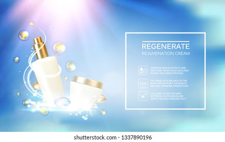 Collagen regenerates cream concept design. Bottles of cosmetic lotion and jar of cream. Women healthcare cosmetic in beautiful bottles over blue background. Vector illustration.