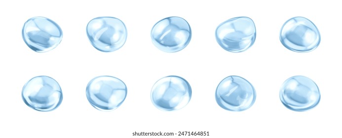 Burbujas de colágeno en suero. Gotas de esencia cosmética. Solución de cosméticos para el cuidado de la piel. Vector ilustración realista
