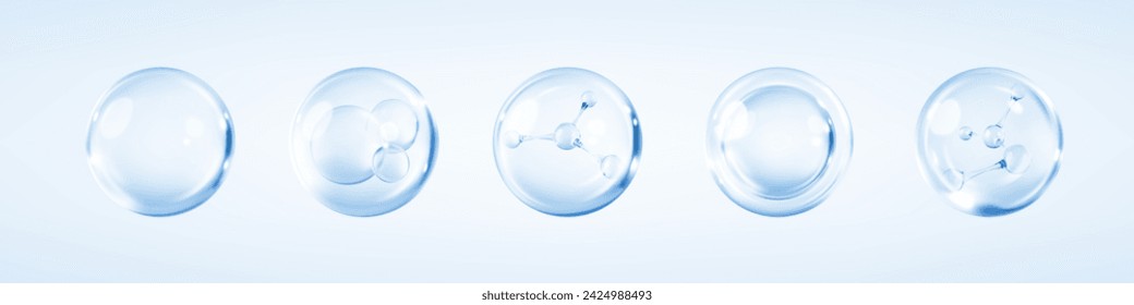 Burbujas de suero de colágeno sobre fondo azul. Esencia cosmética. Molécula dentro de la burbuja líquida. Solución de cosméticos para el cuidado de la piel. Ilustración vectorial realista