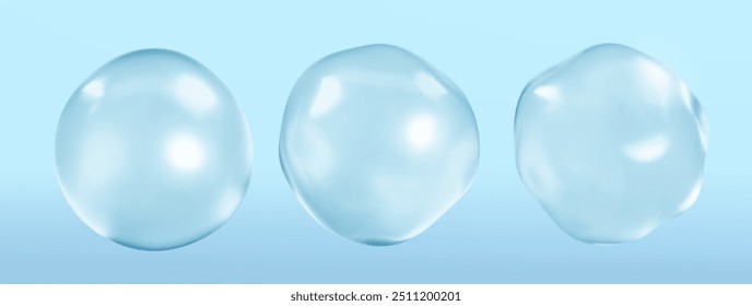 Burbujas de suero de colágeno sobre fondo azul. Esencia cosmética. Concepto de solución cosmética para el cuidado de la piel. Vector ilustración realista