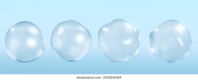 Burbujas de suero de colágeno sobre fondo azul. Esencia cosmética. Concepto de solución cosmética para el cuidado de la piel. Vector ilustración realista