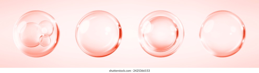 Collagen serum bubbles on pink background. Cosmetic essence. Concept skincare cosmetics solution. Vector realistic illustration