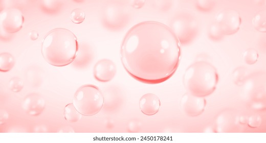 Collagen or serum bubbles on pink background. Concept skin care cosmetics solution. Vector illustration