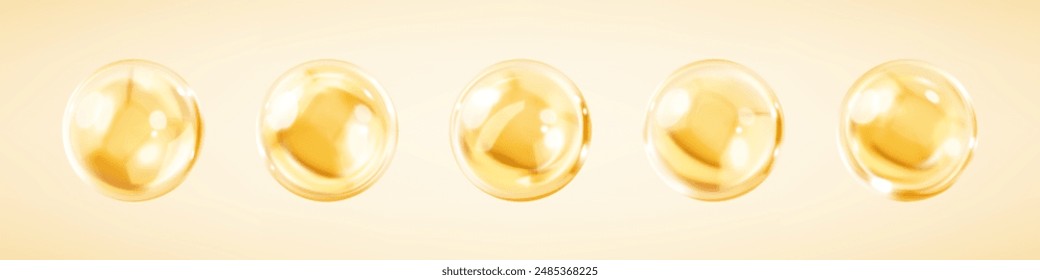 Collagen serum or cosmetic essence drops. Collagen serum bubbles. Concept skincare cosmetics solution. Vector 3d illustration