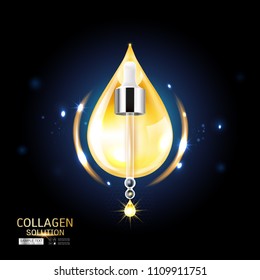 Collagen Serum Drop and Vitamin Background Vector Skin Care Cosmetic.