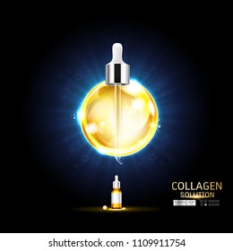 Collagen Serum Drop and Vitamin Background Vector Skin Care Cosmetic.