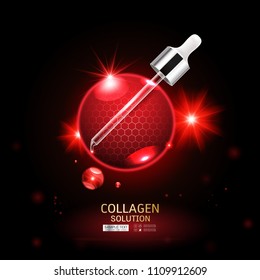 Collagen Serum Drop and Vitamin Background Vector Skin Care Cosmetic.